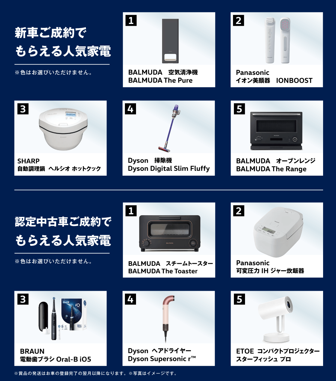 新車ご成約でもらえる人気家電 1.BALMUDA　空気清浄機 BALMUDA The Pure 2.Panasonic イオン美顔器　IONBOOST　3.SHARP  自動調理鍋  ヘルシオ ホットクック 4.Dyson　掃除機 Dyson Digital Slim Fluffy 5.BALMUDA　オーブンレンジ BALMUDA The Range 認定中古車ご成約でもらえる人気家電 1.BALMUDA　スチームトースター BALMUDA The Toaster 2.Panasonic 可変圧力 IH ジャー炊飯器 3.BRAUN 電動歯ブラシ Oral-B iO5 4.Dyson  ヘアドライヤー Dyson Supersonic r™ 5.ETOE  コンパクトプロジェクター スターフィッシュ プロ